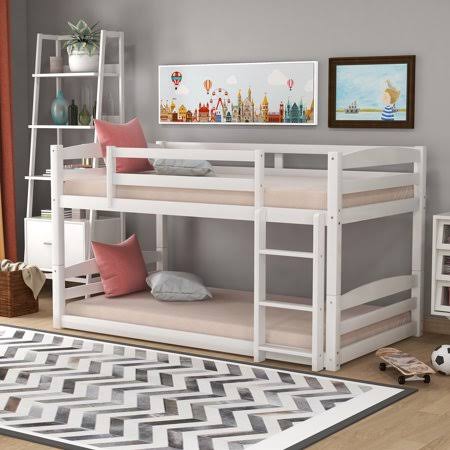 Twin Over Twin Floor Bunk Beds with Ladder and Guardrail W423