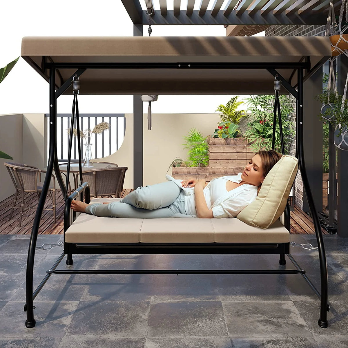 3 Person Outdoor Swing Chair with Adjustable Canopy W587506