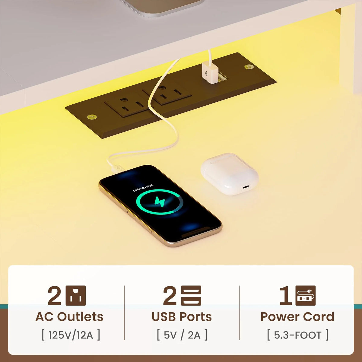 White L Shaped Computer Desk with Power Outlet and LED Lights V6125