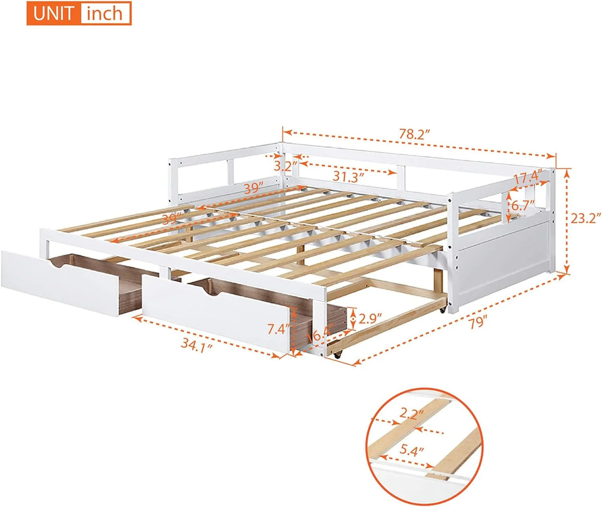 White Wooden Daybed with Trundle and 2 Storage Drawers R516
