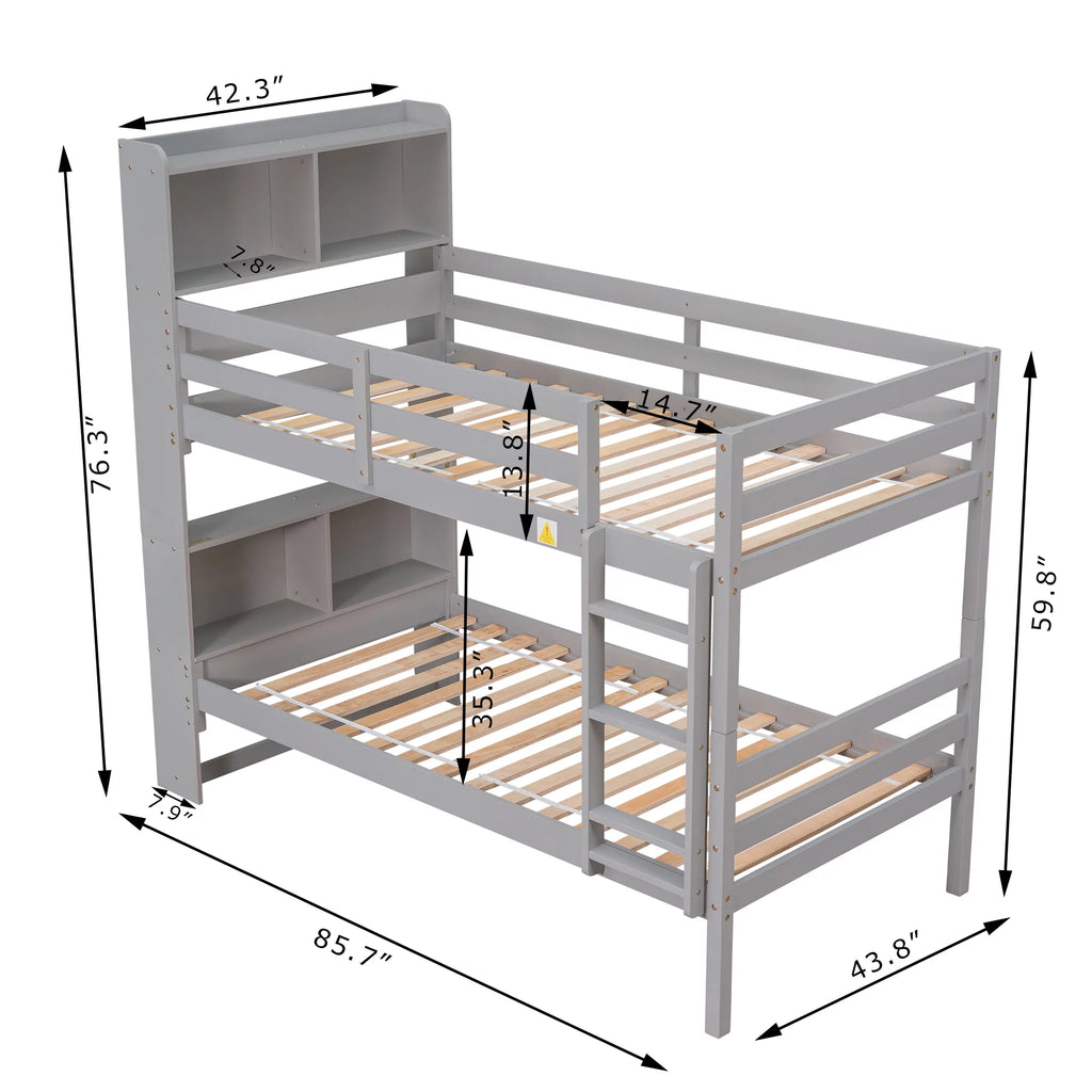 Twin over Twin Wood Bunk Bed with Storage Headboard R6344