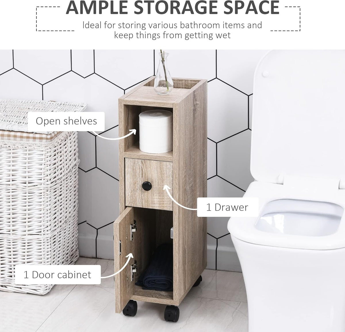 Oak Grain Freestanding Bathroom Cabinet with 2 Open Cabinets, 1 Door Cabinet, 1 Drawer and 4 Rolling Wheels W131