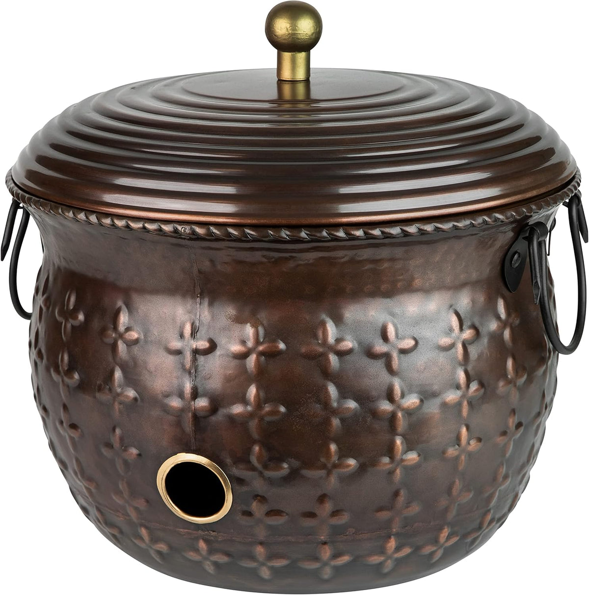 Copper Garden Hose Holder Storage Pot with Lid Antique Green Finish Lattice Steel E140