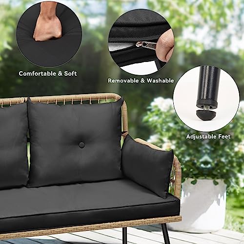 Light Brown Black Wicker Outdoor Loveseat with Cushions Y576763