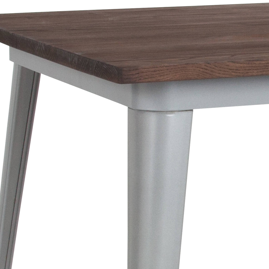 31.5x22 Square Silver Metal Table with Walnut Wood Top Q91207