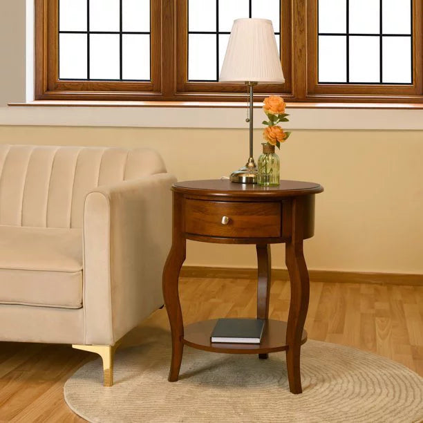 Brown Round End Table with Drawer Storage N530