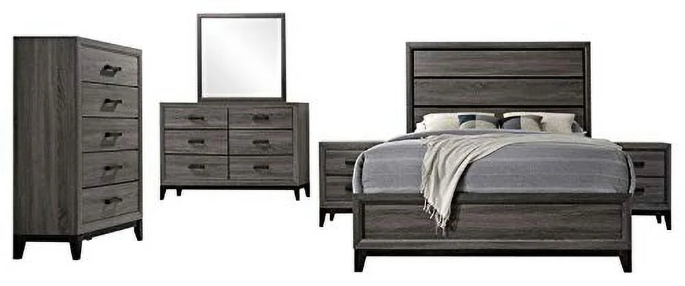 Queen Size 6-Piece Bedroom Set Grey Black I53288