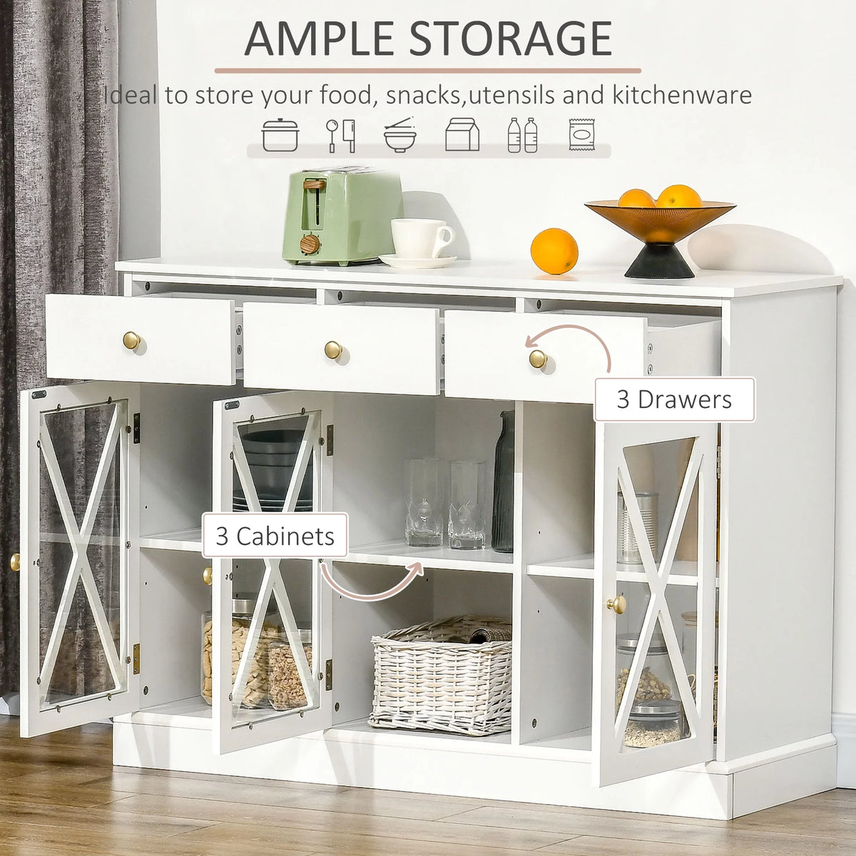 White Sideboard Buffet Cabinet with Glass Doors and 3 Drawers L79230