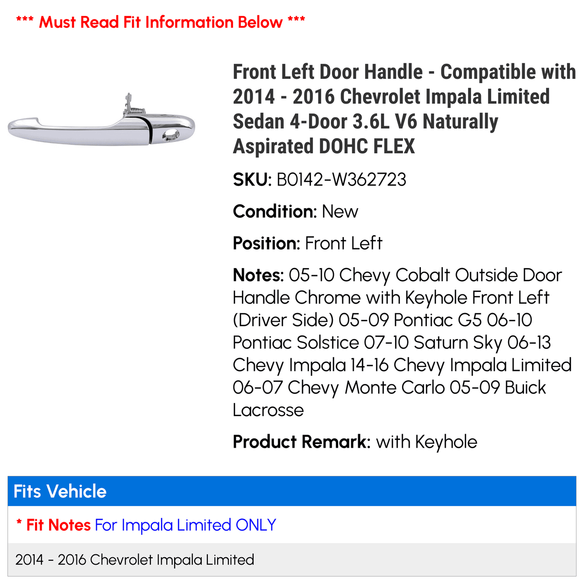 Front Left Door Handle for 2014-2016 Chevy Impala Limited Sedan 4-Door D115654