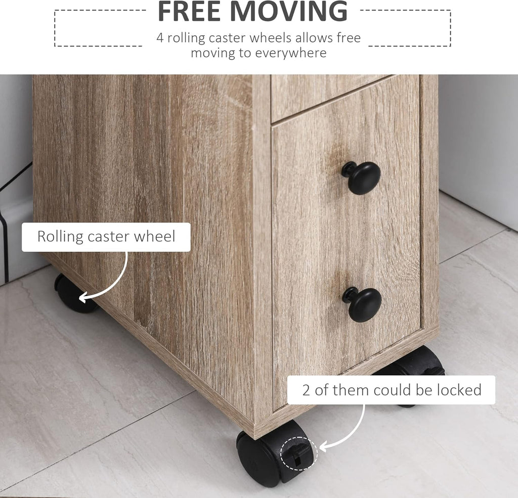 Oak Grain Freestanding Bathroom Cabinet with 2 Open Cabinets, 1 Door Cabinet, 1 Drawer and 4 Rolling Wheels W131