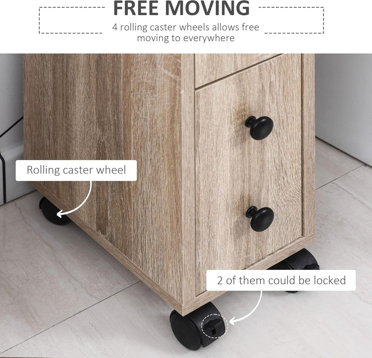 Oak Grain Freestanding Bathroom Cabinet with 2 Open Cabinets, 1 Door Cabinet, 1 Drawer and 4 Rolling Wheels W131