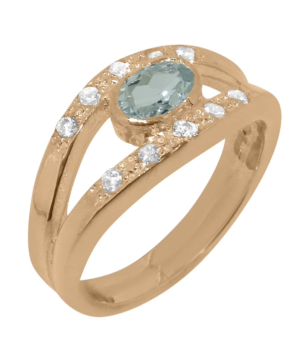 18k Rose Gold Natural Aquamarine & Diamond Womens Band Ring B949