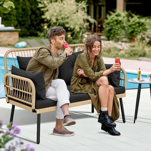 Light Brown Black Wicker Outdoor Loveseat with Cushions Y576763
