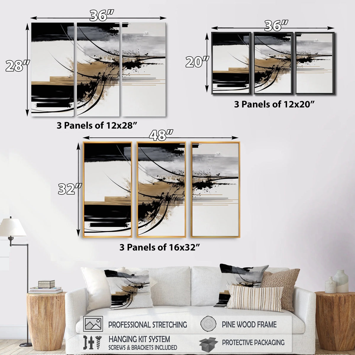 Black White Gold Geometric Canvas Art Print 3 Panels N61708