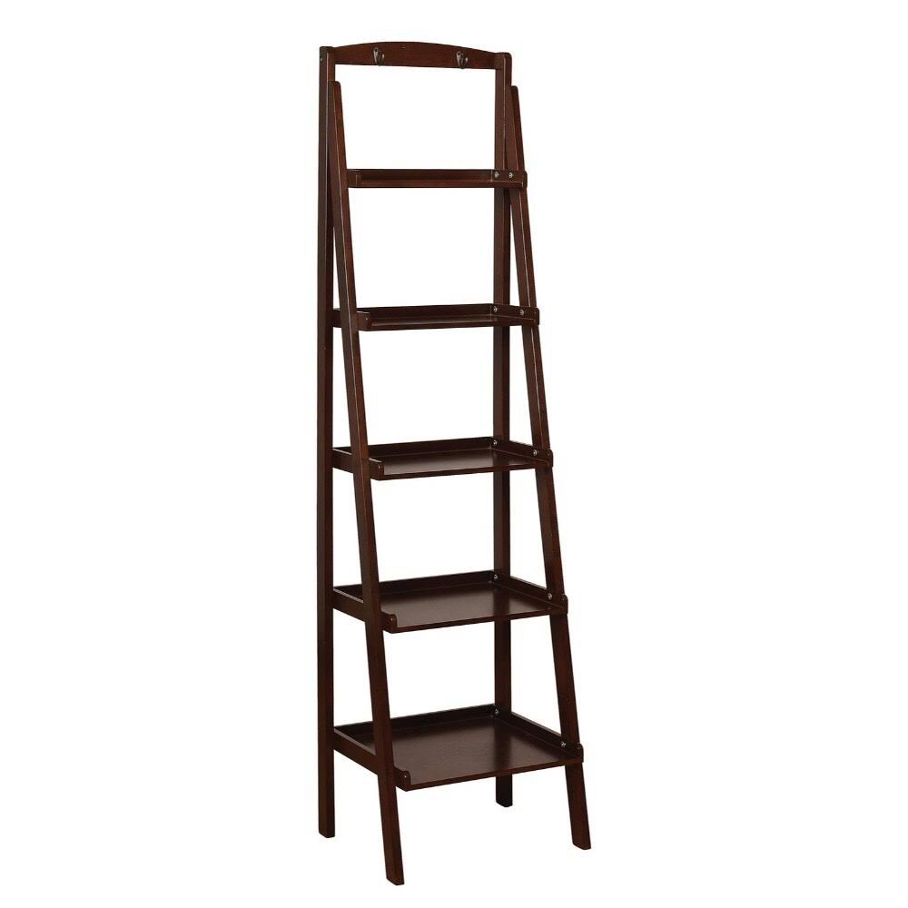 Espresso Brown Five Tier Wooden Ladder Shelf with Two Attached Hook R594