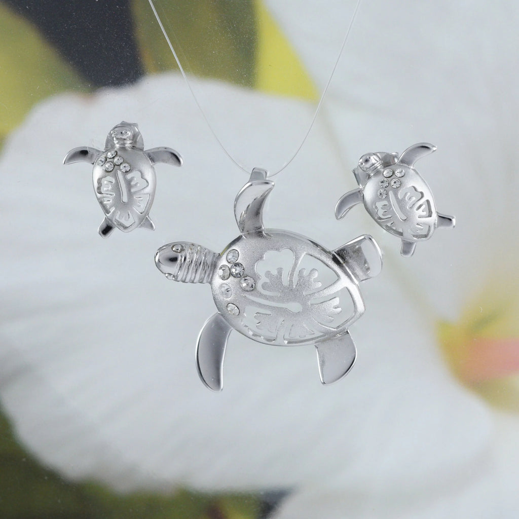 Sterling Silver Turtle Hibiscus Earring and Necklace E16977