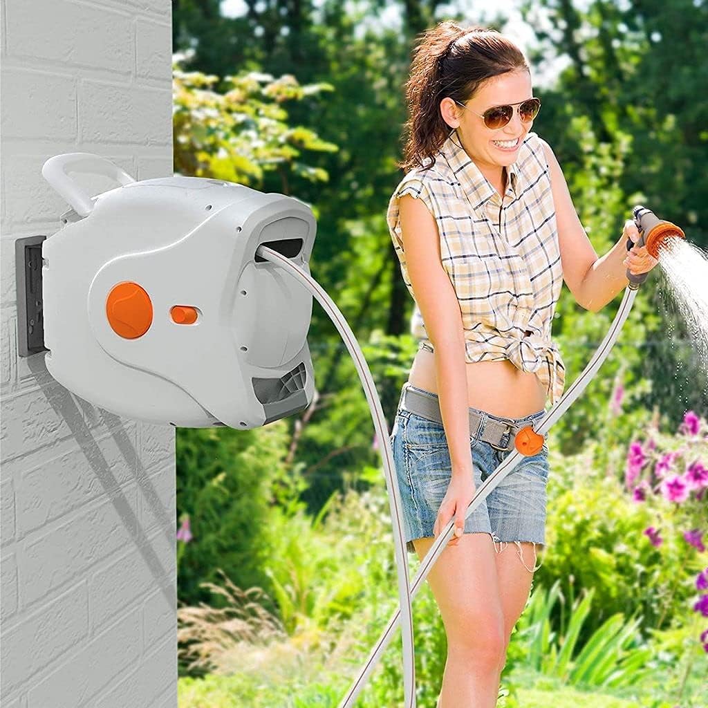 Wall Mount Retractable Garden Hose Reel, 82 FT 5/8 Inch, 8 Patterns Nozzles, Brass Connector T3931
