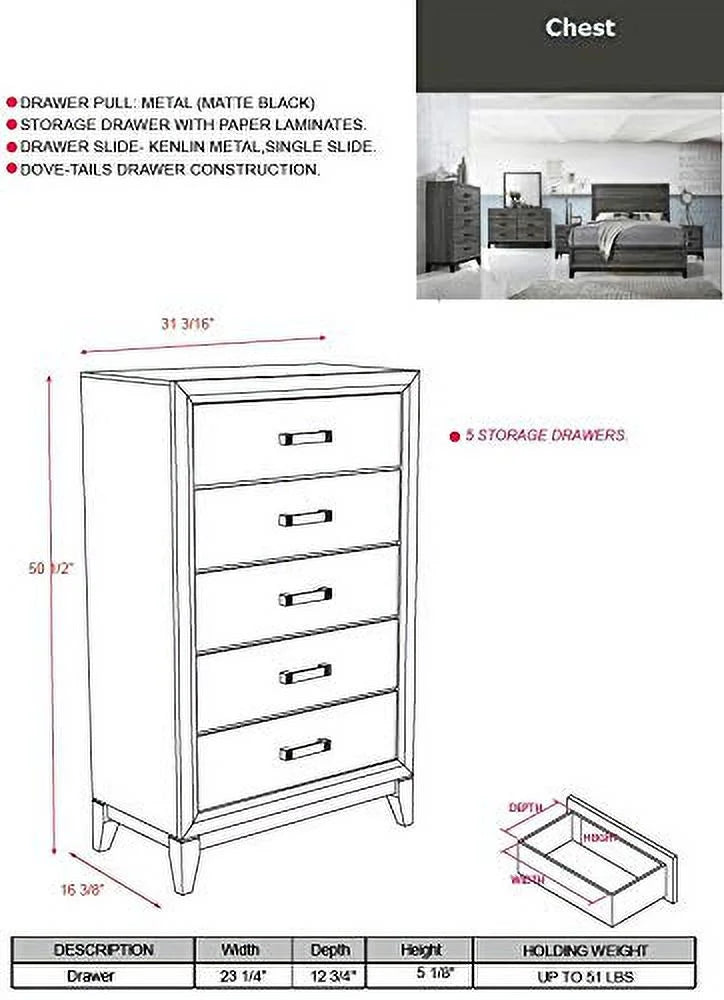 Queen Size 6-Piece Bedroom Set Grey Black I53288
