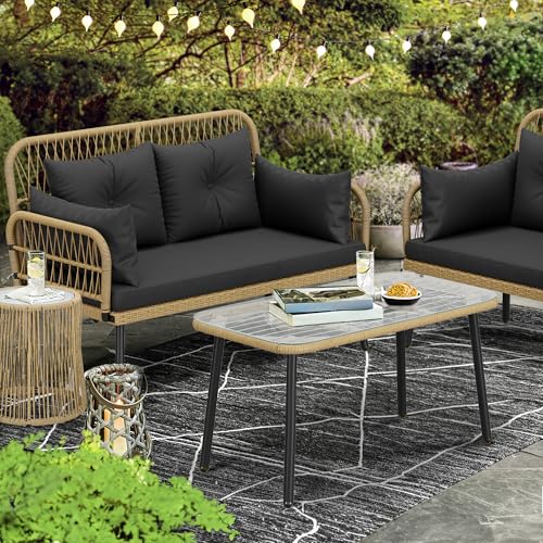 Light Brown Black Wicker Outdoor Loveseat with Cushions Y576763