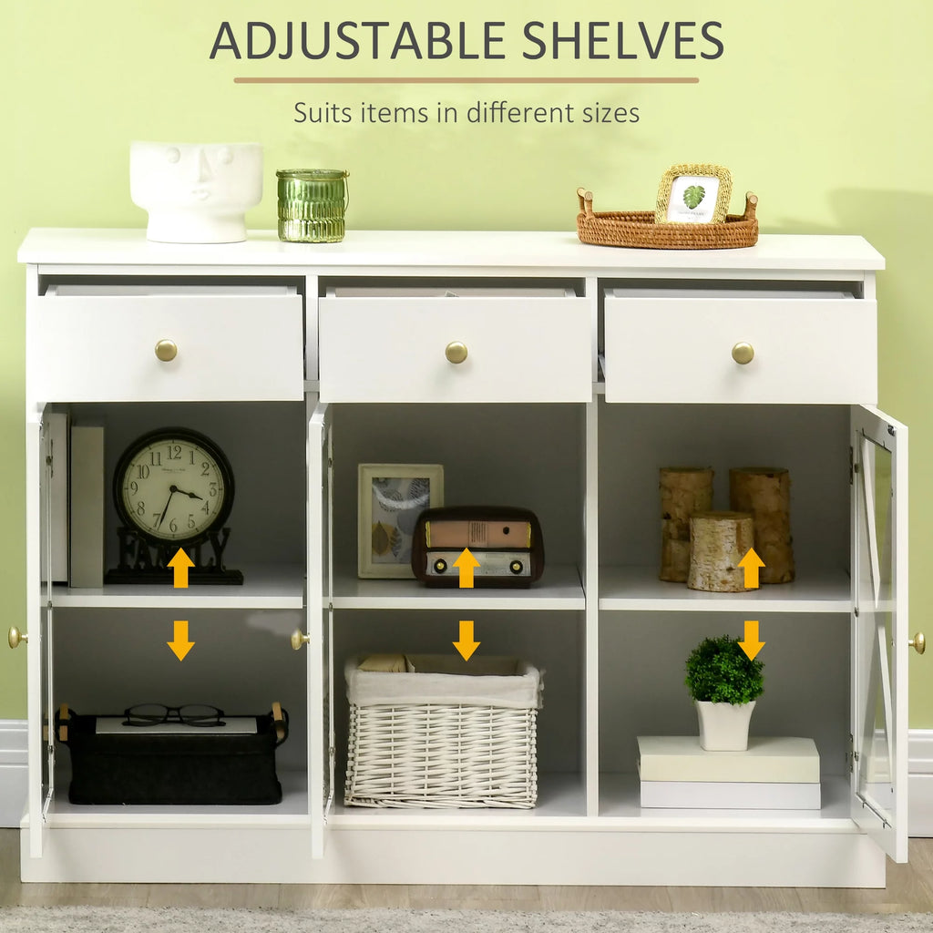 White Sideboard Buffet Cabinet with Glass Doors and 3 Drawers L79230
