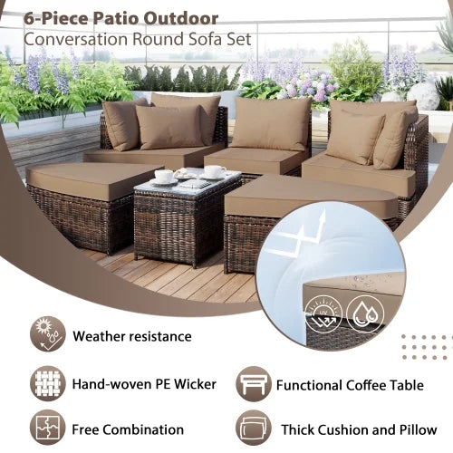 6 Piece PE Wicker Rattan Patio Sofa Set with Coffee Table U40777