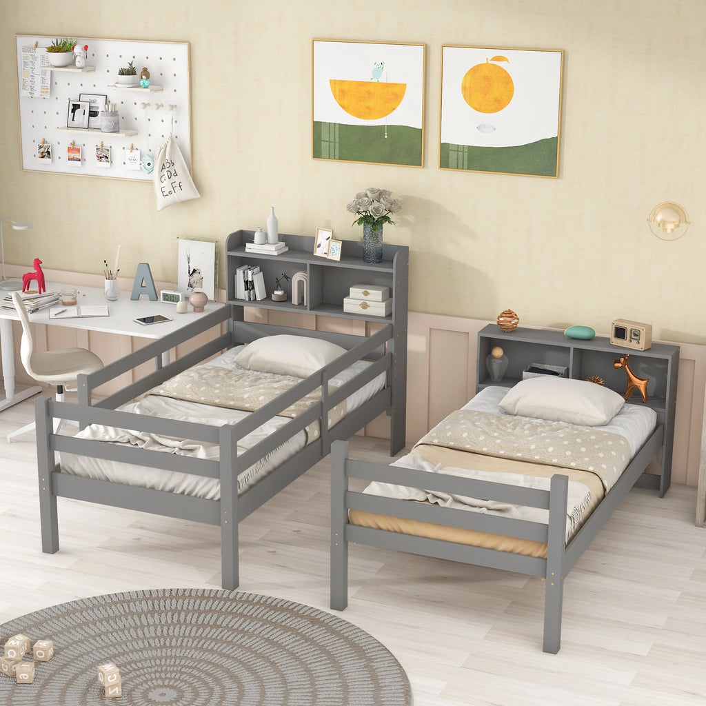 Twin over Twin Wood Bunk Bed with Storage Headboard R6344