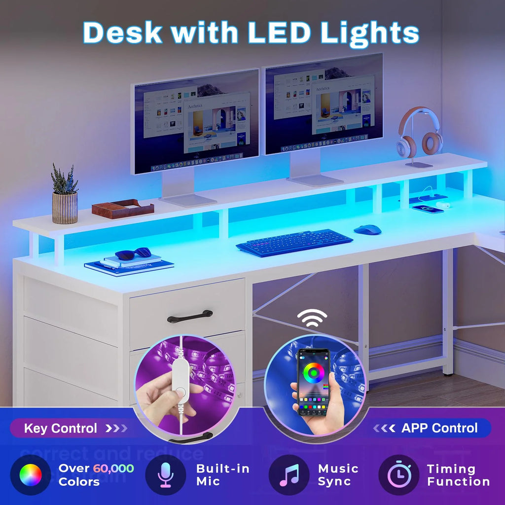 White L Shaped Computer Desk with Power Outlet and LED Lights V6125