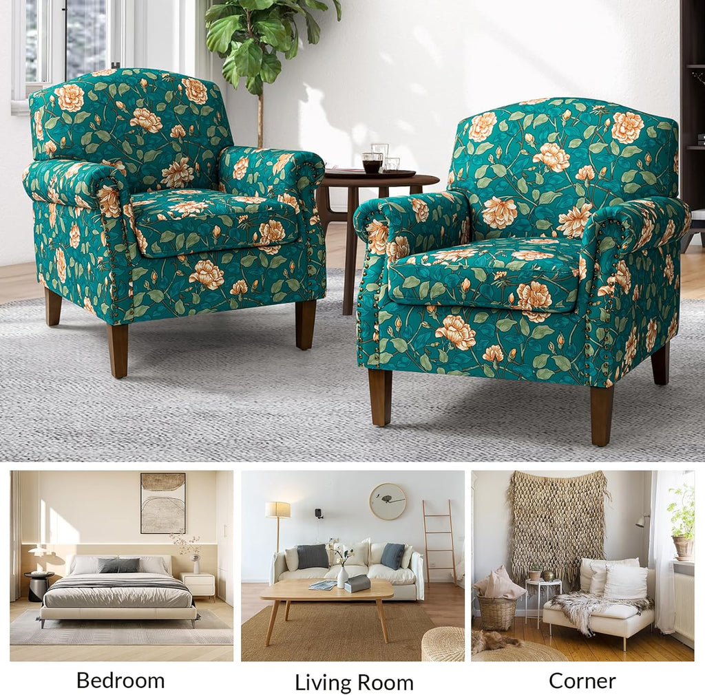 Teal Accent Chair Set Of 2 With Wood Legs & Removable Cushion Y59998