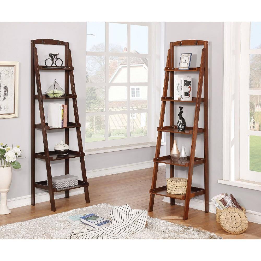 Espresso Brown Five Tier Wooden Ladder Shelf with Two Attached Hook R594