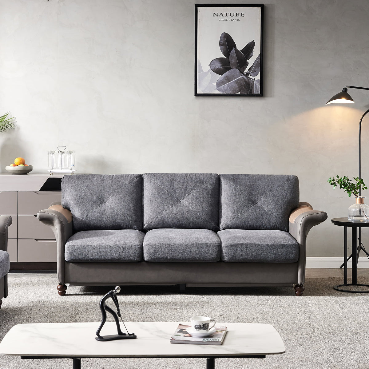 Dark Grey Linen Fabric Sofa with Wood Leg H3194