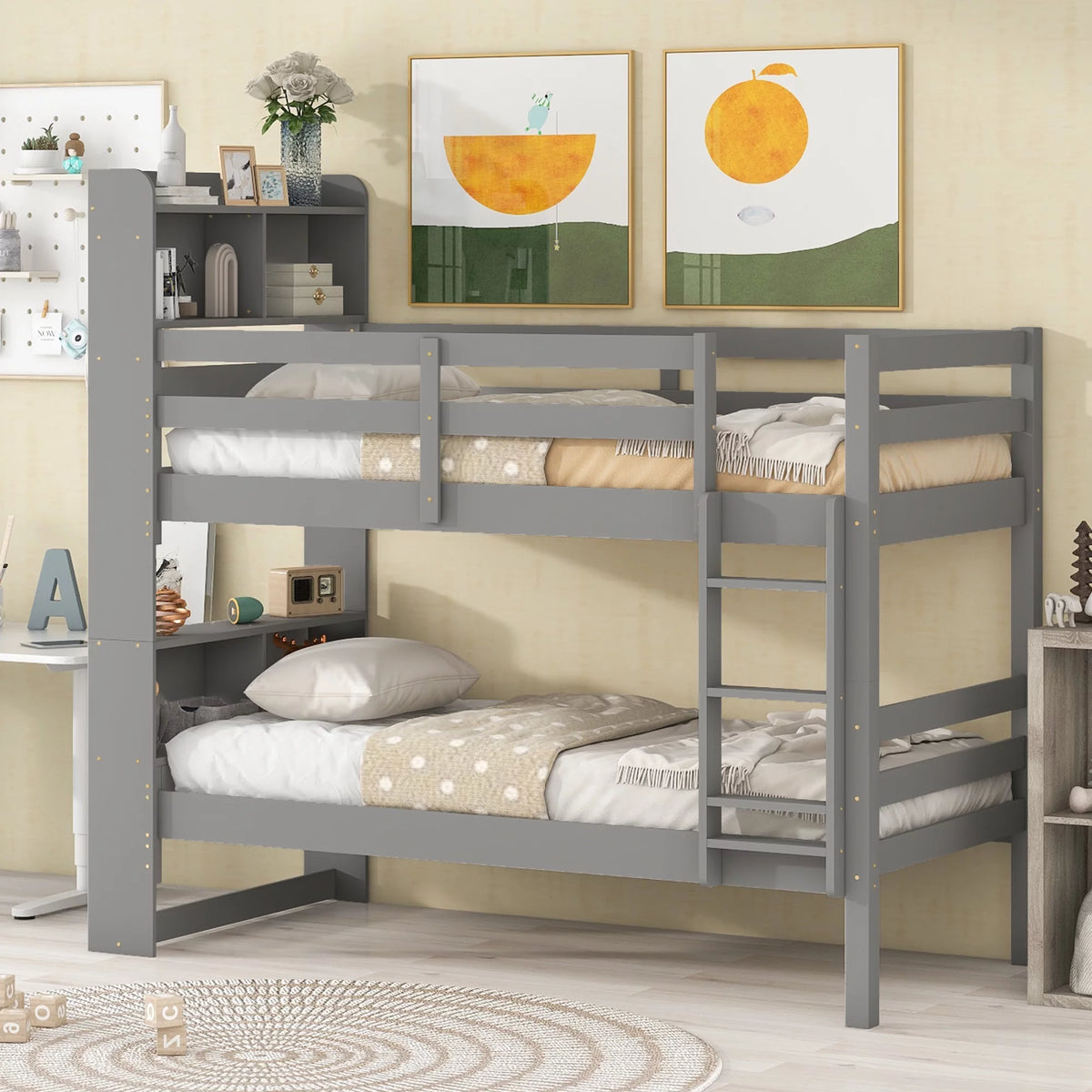 Twin over Twin Wood Bunk Bed with Storage Headboard R6344