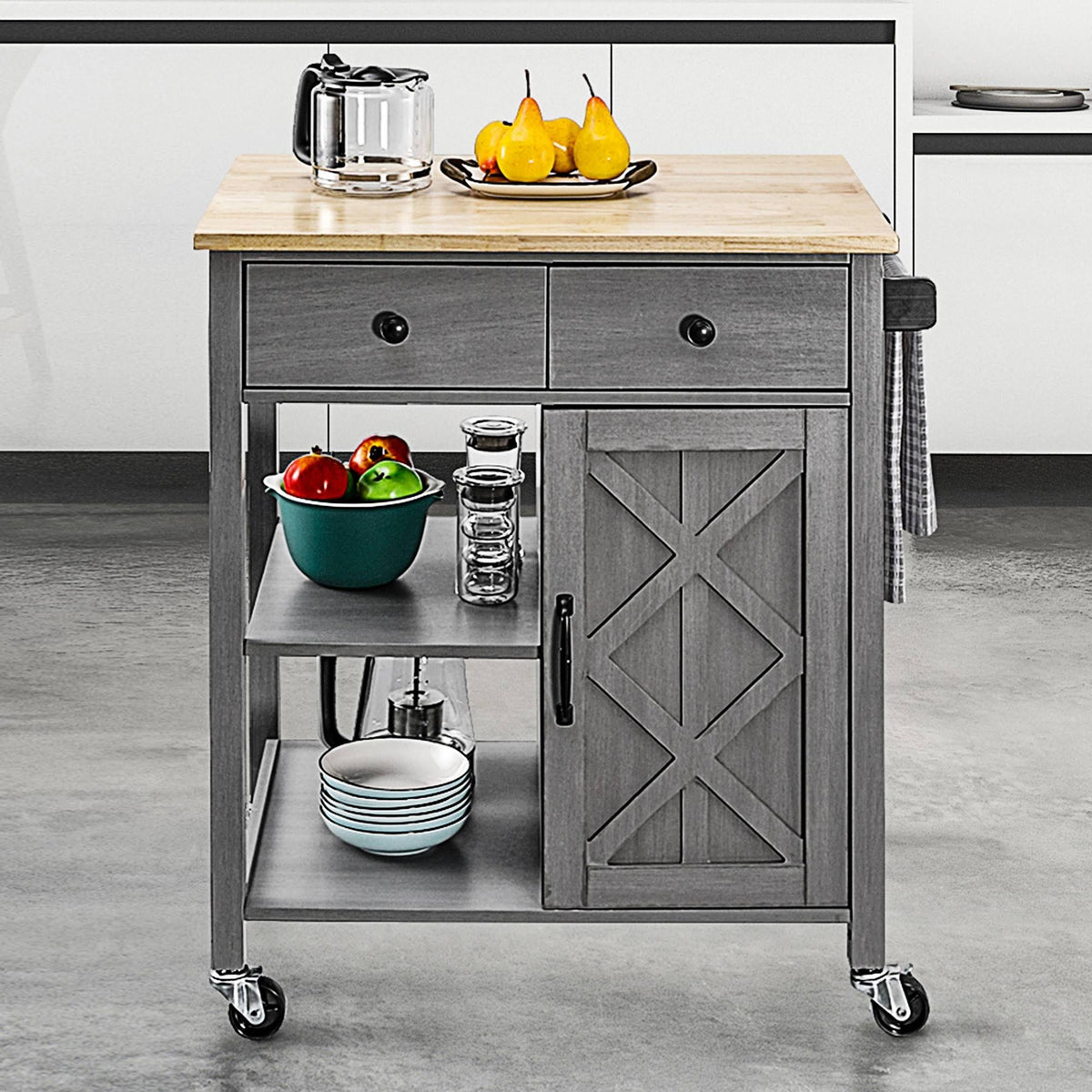 Gray Kitchen Cart with Wood Top A98046