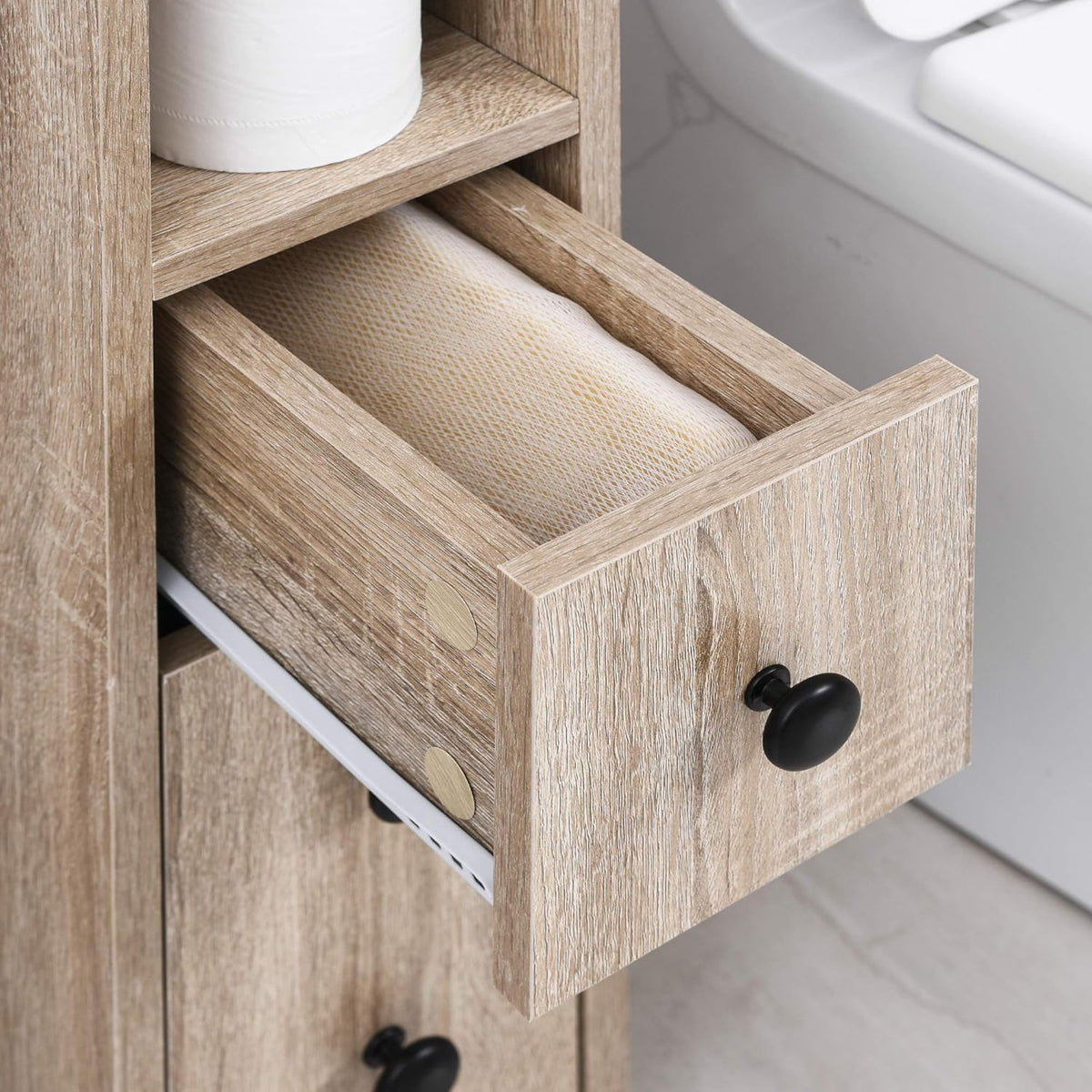 Oak Grain Freestanding Bathroom Cabinet with 2 Open Cabinets, 1 Door Cabinet, 1 Drawer and 4 Rolling Wheels W131