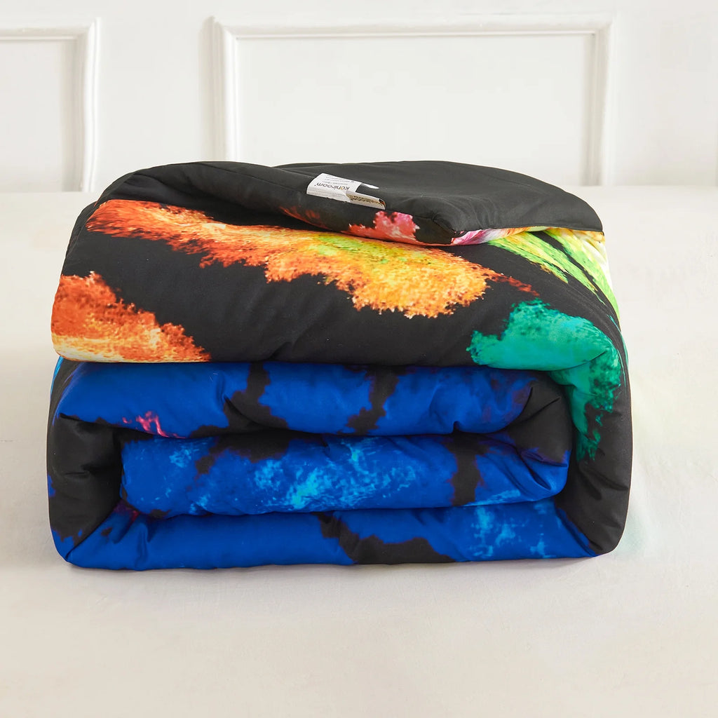 Tie Dye Reversible Comforter Set, Full/Queen Size, 3 Pieces, Blue Black Purple H5093